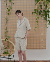 Tailored Linen Blazer with Fringe Cuff Detail and Waist Cinch Panel